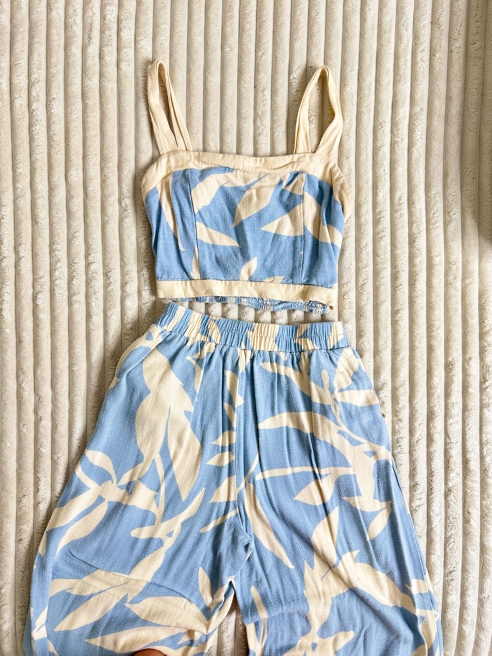 Sienna Sky Blue & Cream Tropical 2-Piece Set Size S Stretchy Top & Pants